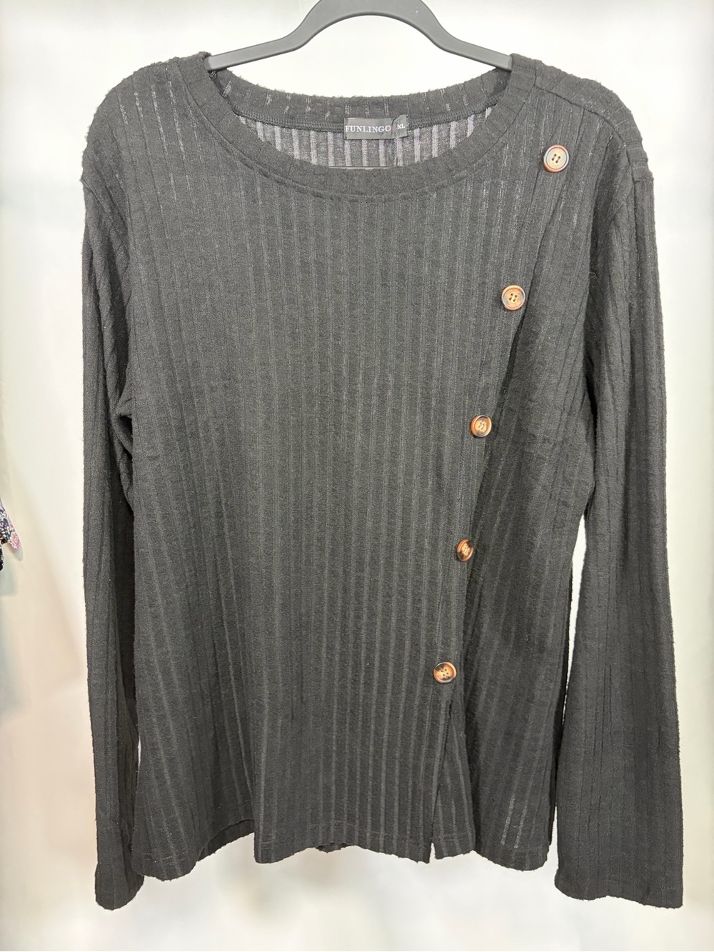 Funlingo Black Ribbed Asymmetrical Button Top Size XL